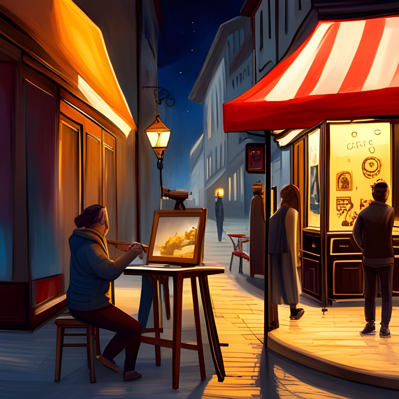 Artist Painting at Cozy Paris Cafe at Night