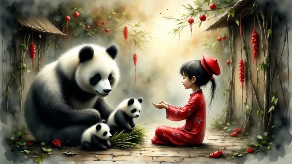 Serene Rural Village Scene with Gentle Panda Bears