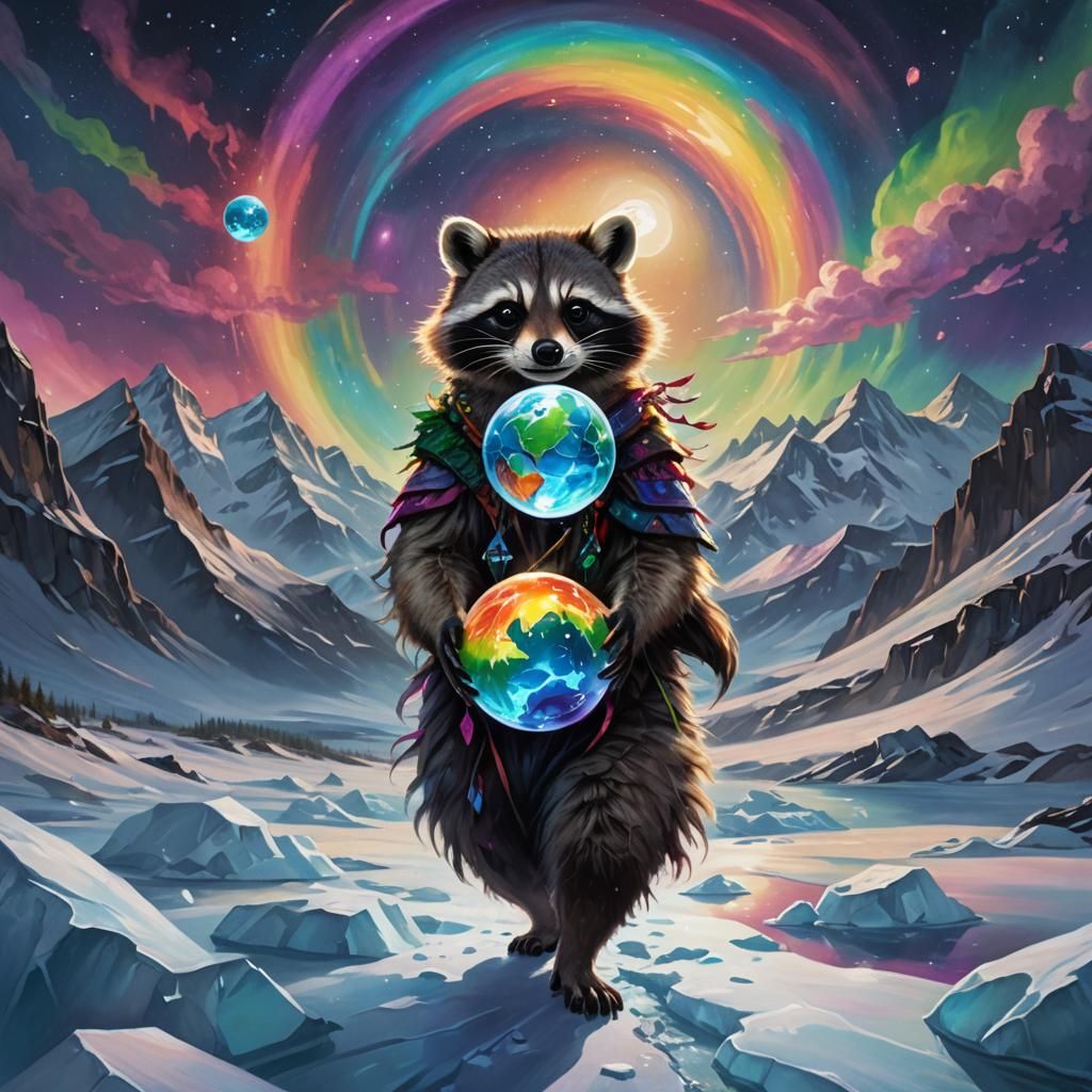 Raccoon Witch with World Globe: Fantasy Art