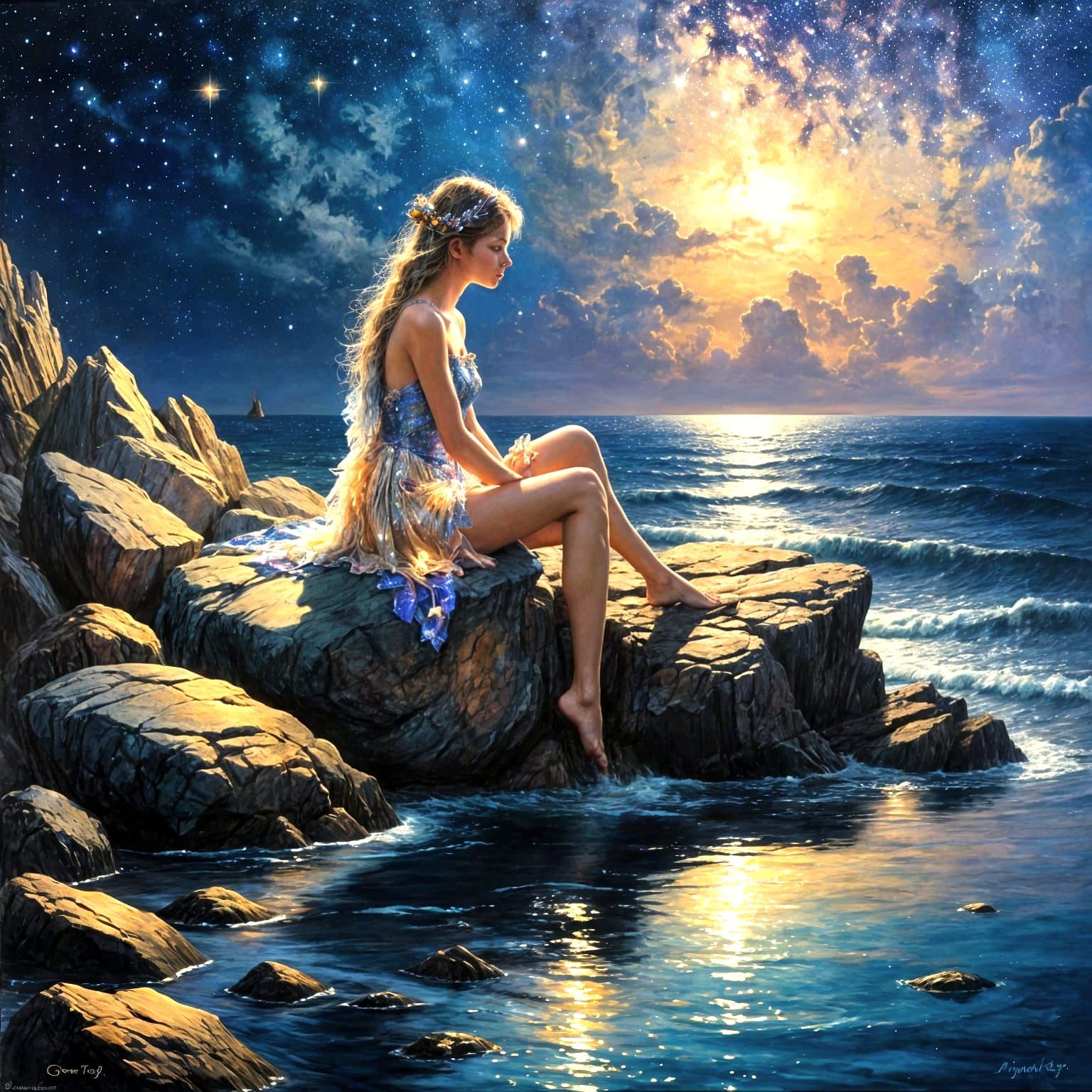Fairy on Rock Gazing at Starry Ocean