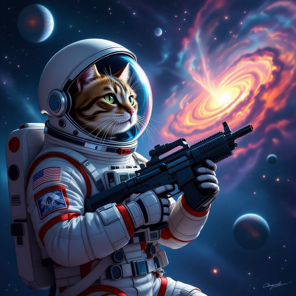 Astronaut Cat Gazes at Nebula in Retro Sci-Fi Style