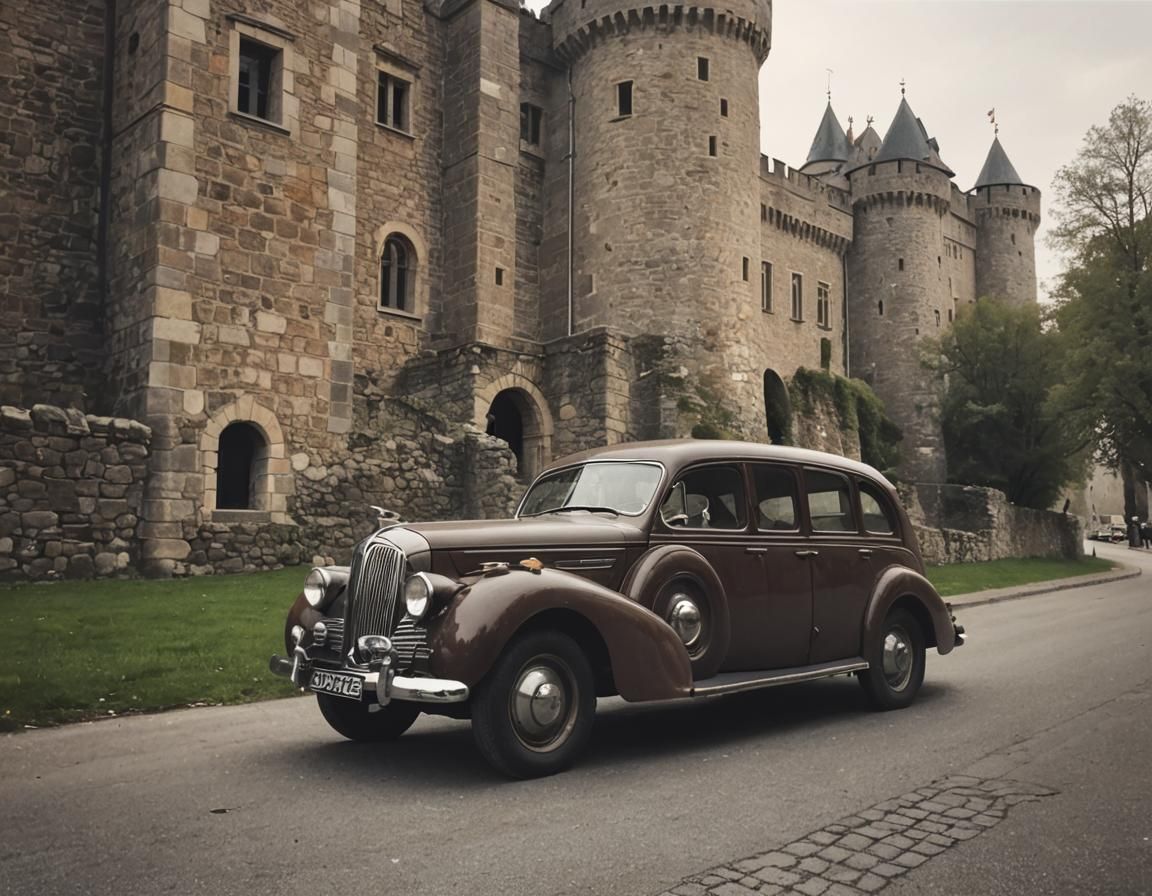Vintage Car Parked near a Majestic Castle