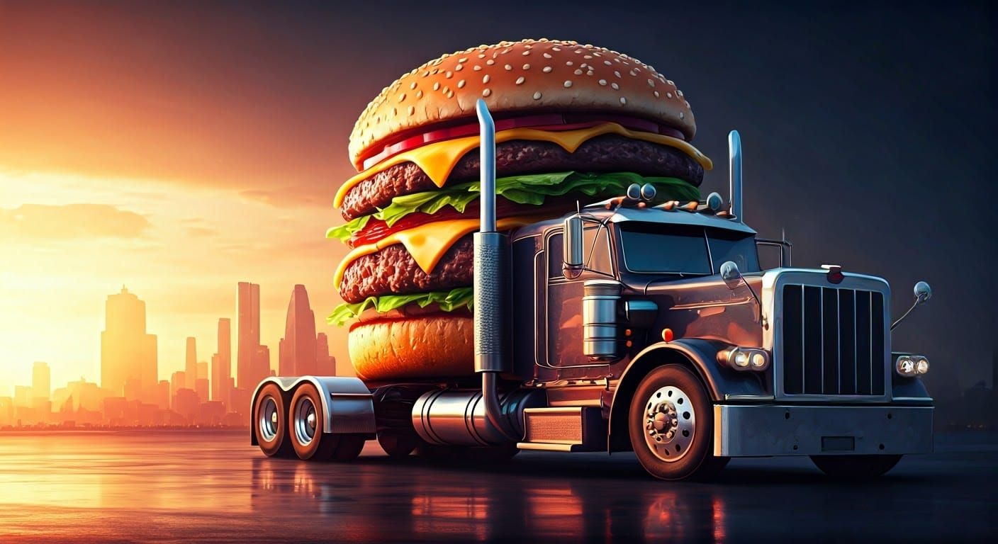 Giant Hamburger on Truck in Hyperrealistic Concept Art