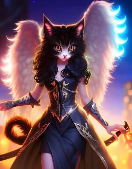 Neon Witch Kitten with Angelic Wings