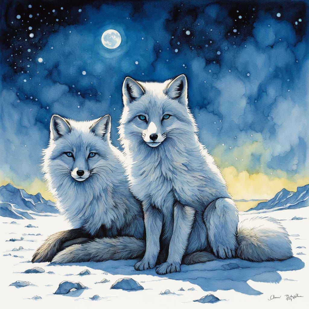 "Two" majestic arctic foxes both with "Bright Blue Eyes" "Both Foxes have a complete snow white fur coat that covers the...