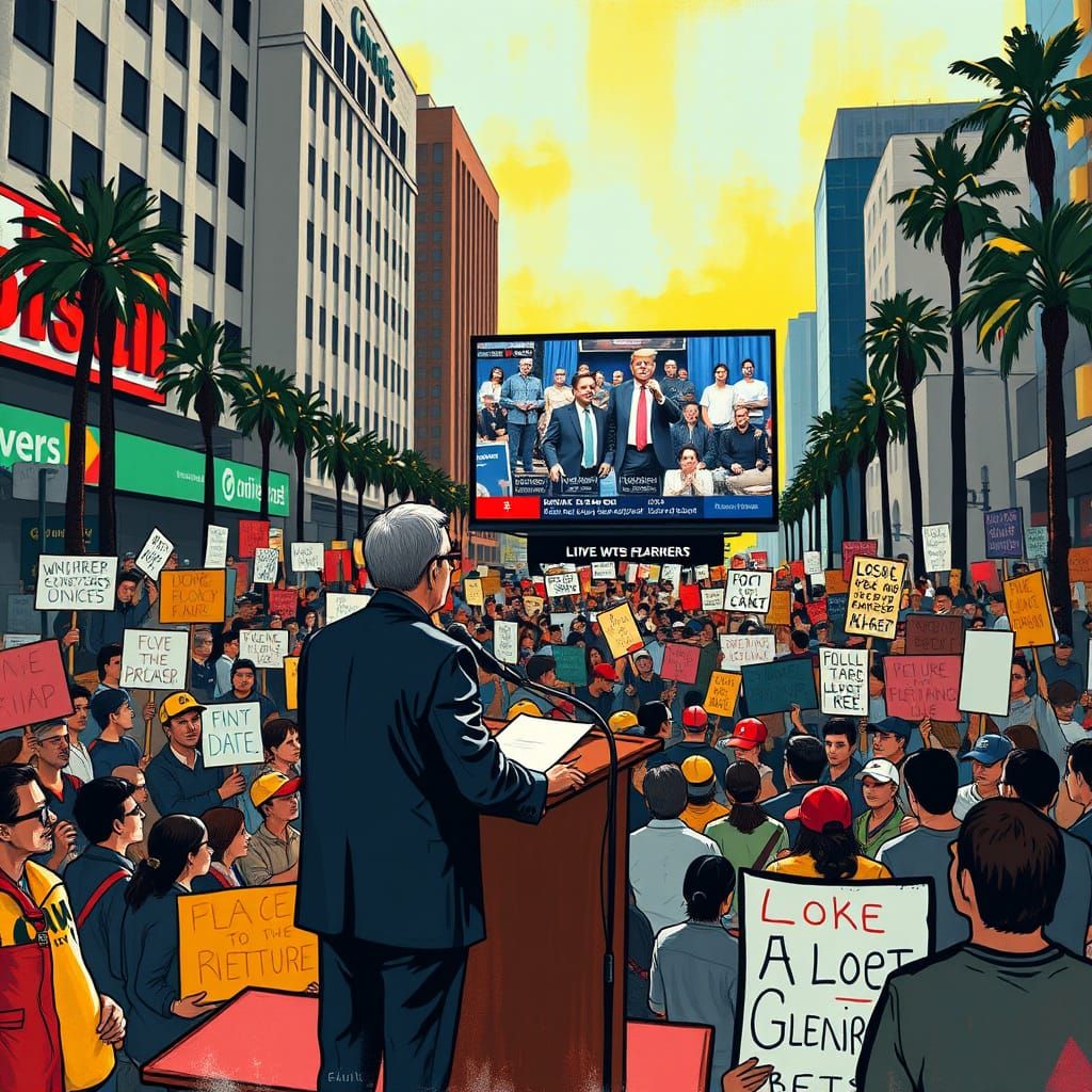 A person speaking at a podium in a crowded public square, surrounded by protesters holding signs and banners, with a gia...