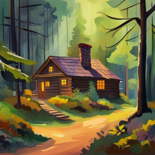 Cozy Cabin in Woods, Impressionist Gouache Watercolor