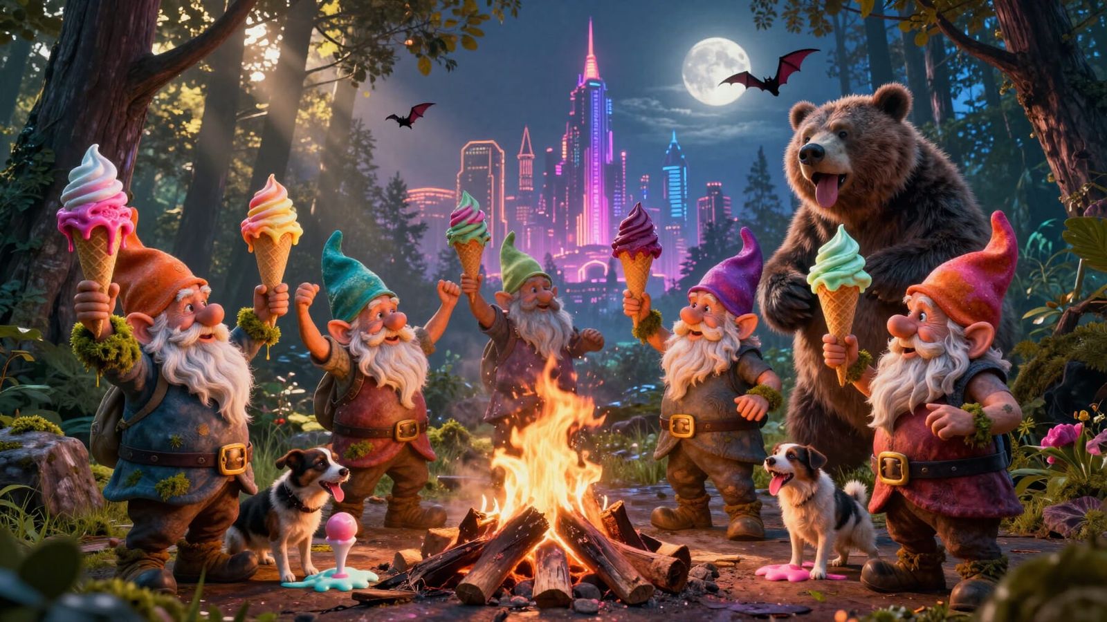 Elderly Gnomes Dancing Around Bonfire With Ice Cream