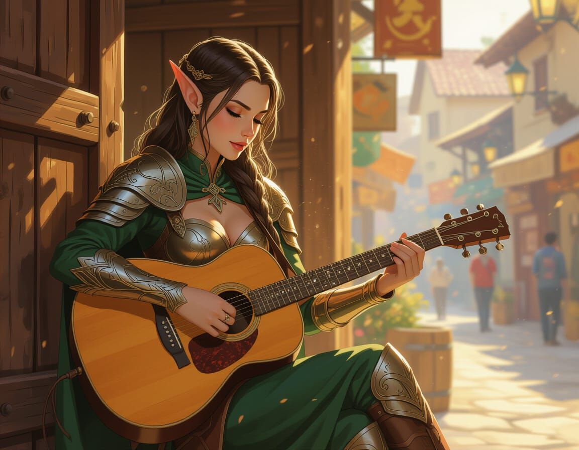 Elf Woman Plays Guitar in Bustling Urban Setting