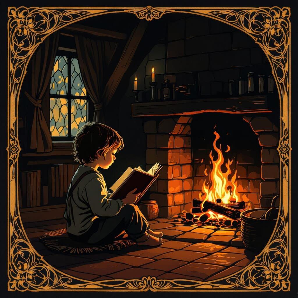 Child Reading by Firelight in Art Nouveau Cottage