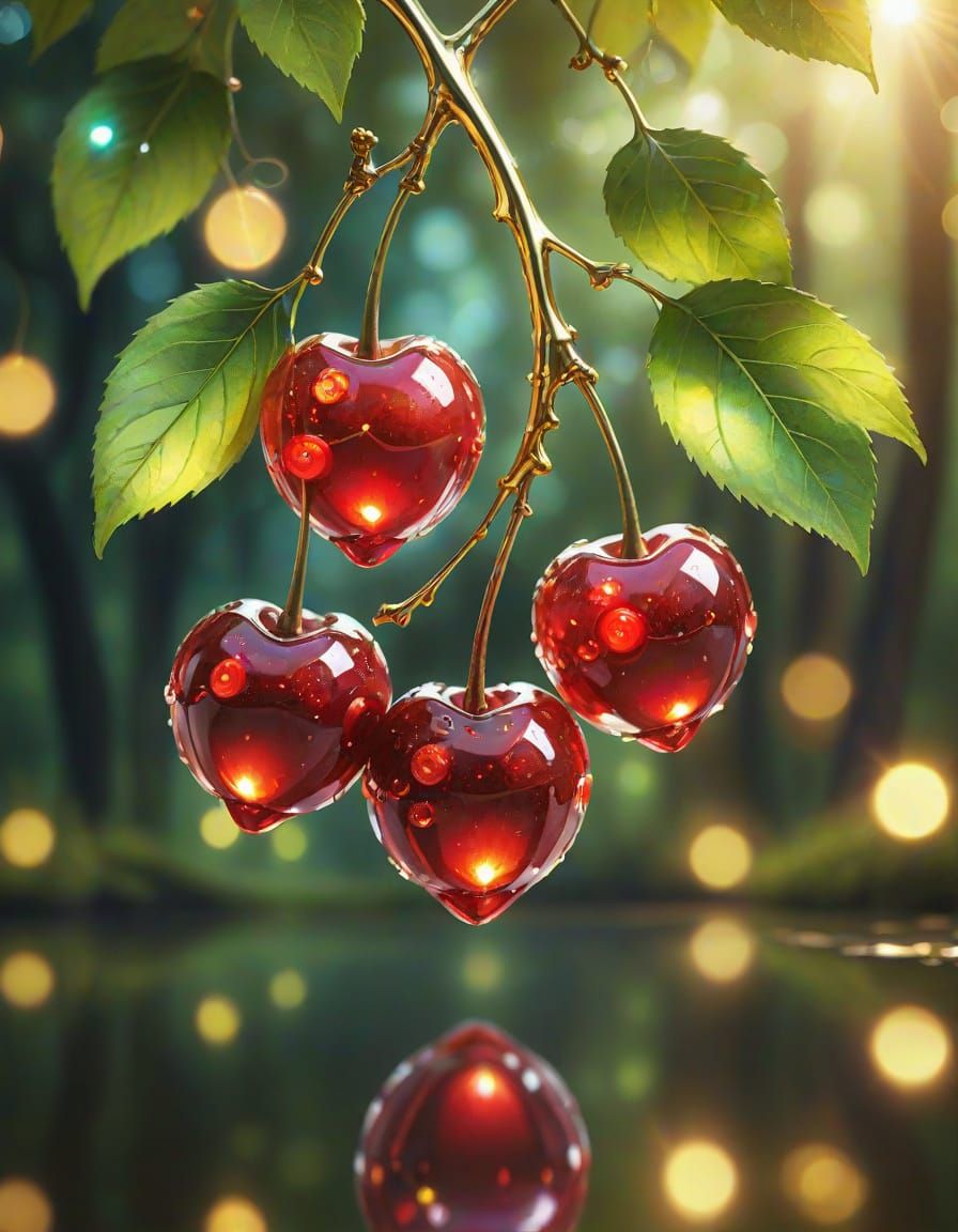 Jewel-Like Cherries in Dreamy Forest