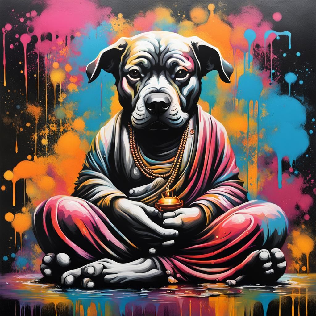 Dog Buddha Meditation in Graffiti Art Style