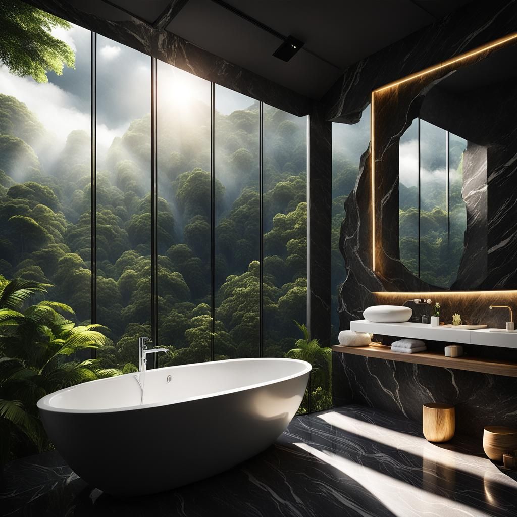 Dark Marble Bathroom with Rainforest View