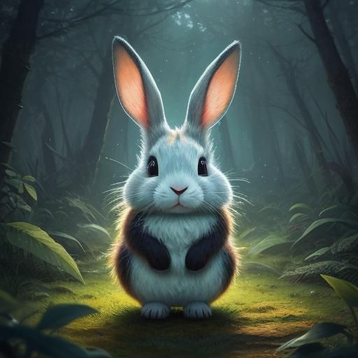 Cute Big-Eyed Rabbit in Magical Forest