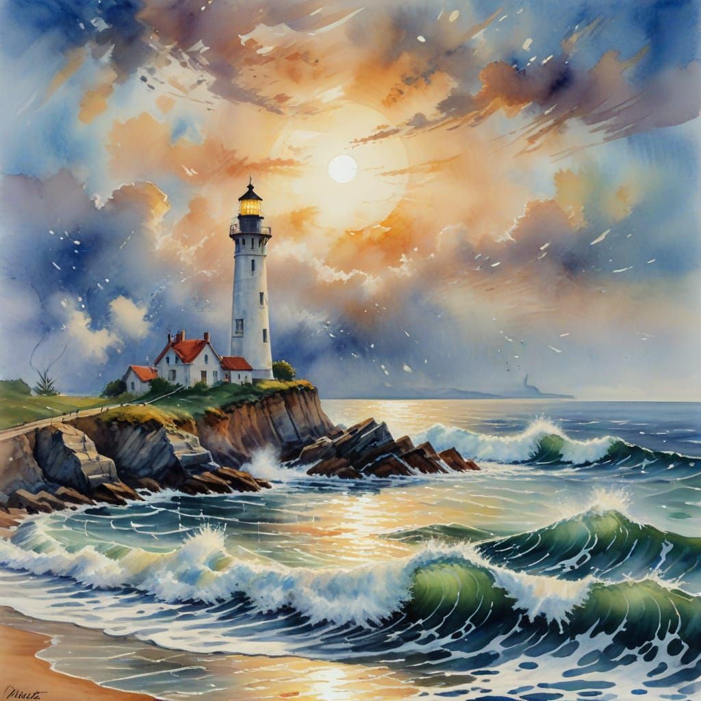 Impressionnisme. Plan moyen. Un phare se dresse au bord de la mer. Plan moyen. Style aquarelle. Clair de lune doux sur l...