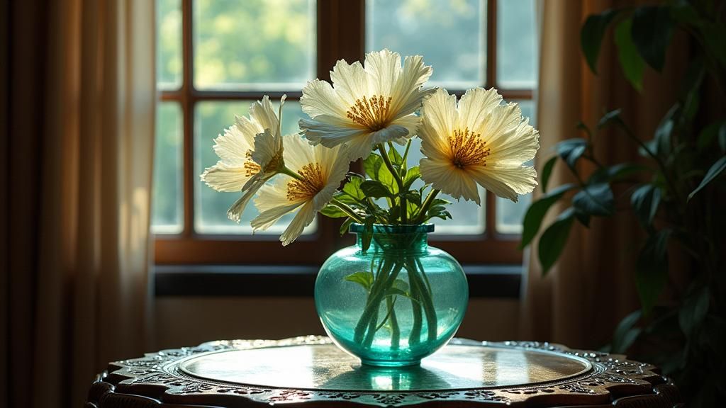 Iridescent Flowers in Glass Vase, Impressionistic Lighting