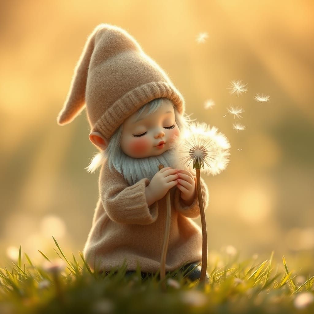 Baby Gnome Girl with Dandelion in Ethereal Style
