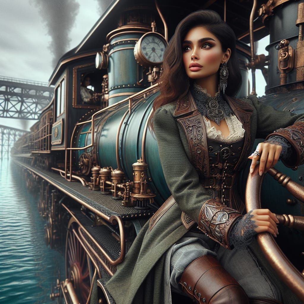 Steampunk Engine on Lake with South Asian Driver