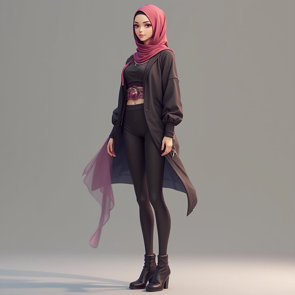 Anime-Inspired Woman in Hijab with Detailed Leggings