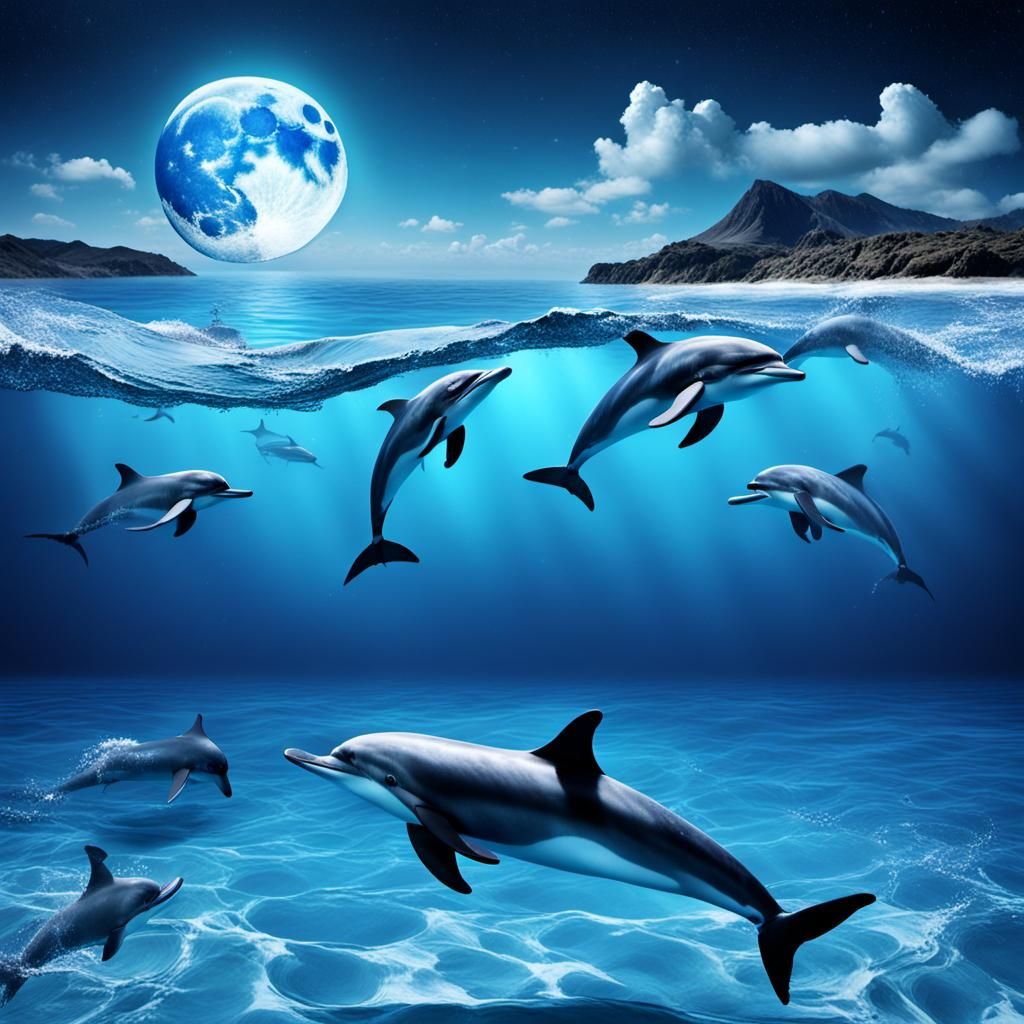 Dolphins Jumping in Moonlight: A 3D Photograph