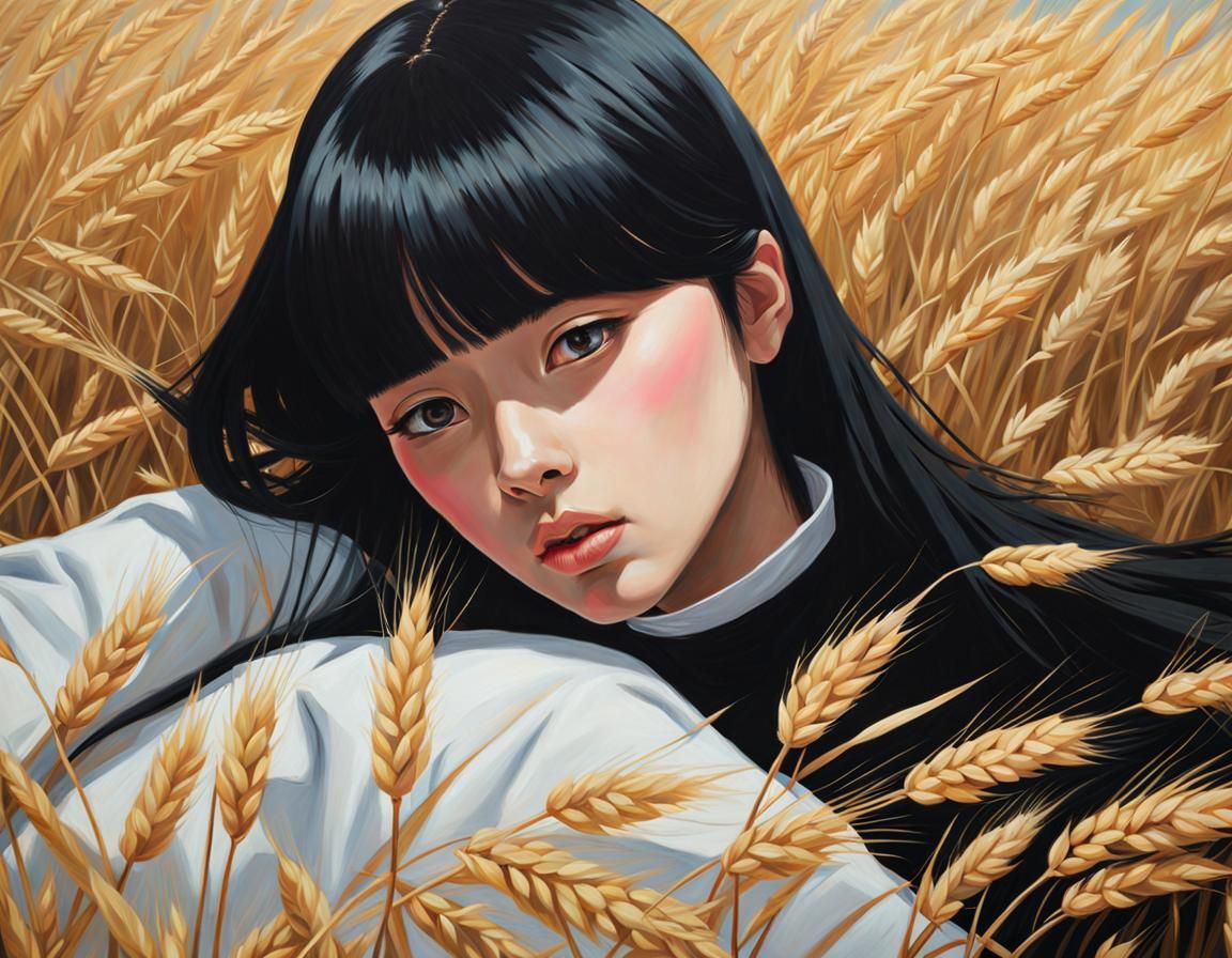 Girl in Wheat Field: Black, White, and Pink Oil Painting