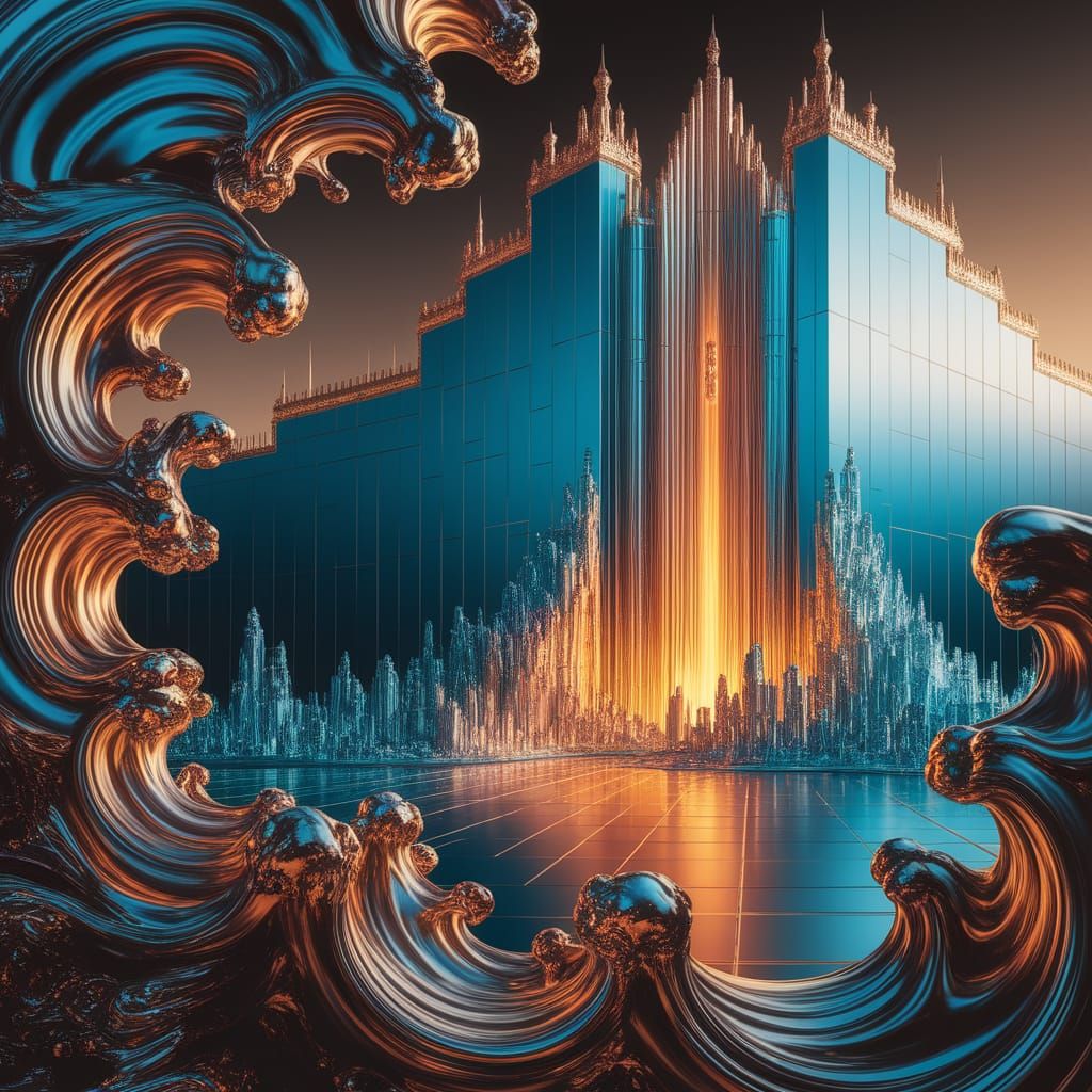 Swirling Liquid Metal City in Golden Light