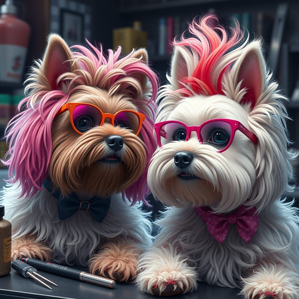 Canine Barbers Working in a Dream Salon with Intricate Detai...