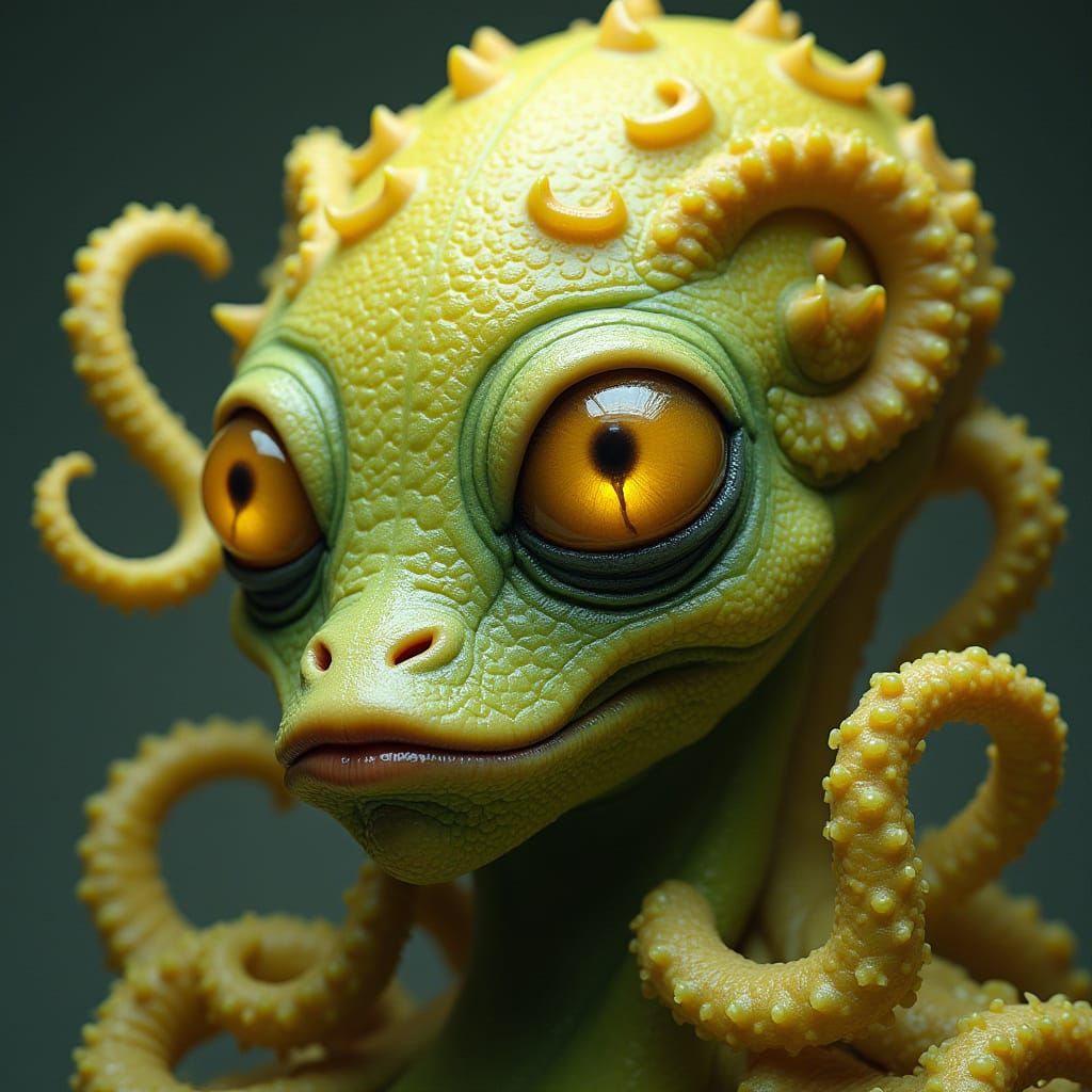 Alien with Twisted, Yellowish-Green Appendages and Bright Ye...