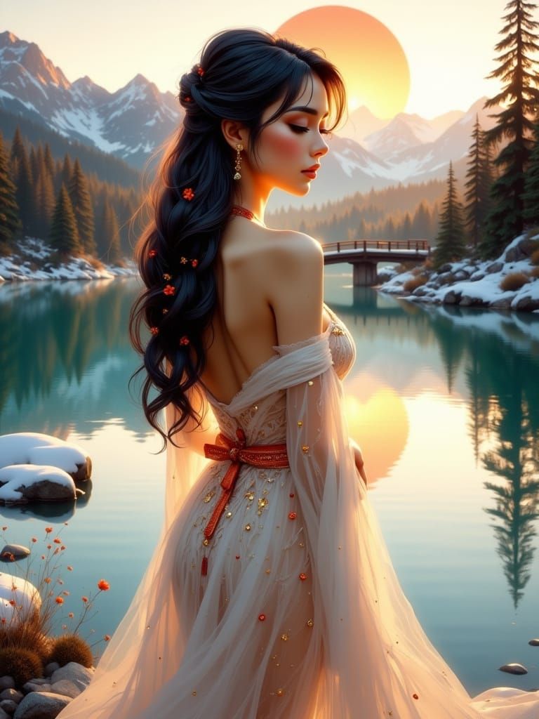 Serene Woman by Mountain Lake at Sunrise