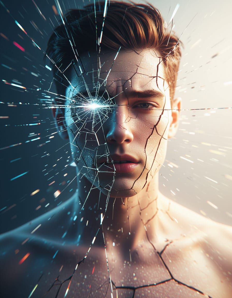 Person Dissolving into Glitch Fragments with Dramatic Lighti...