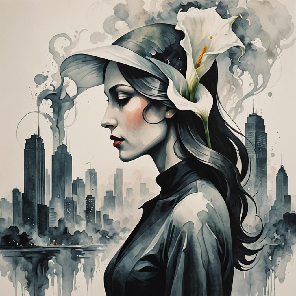 Dreamcore Calla Lily Cityscape in Gouache Style