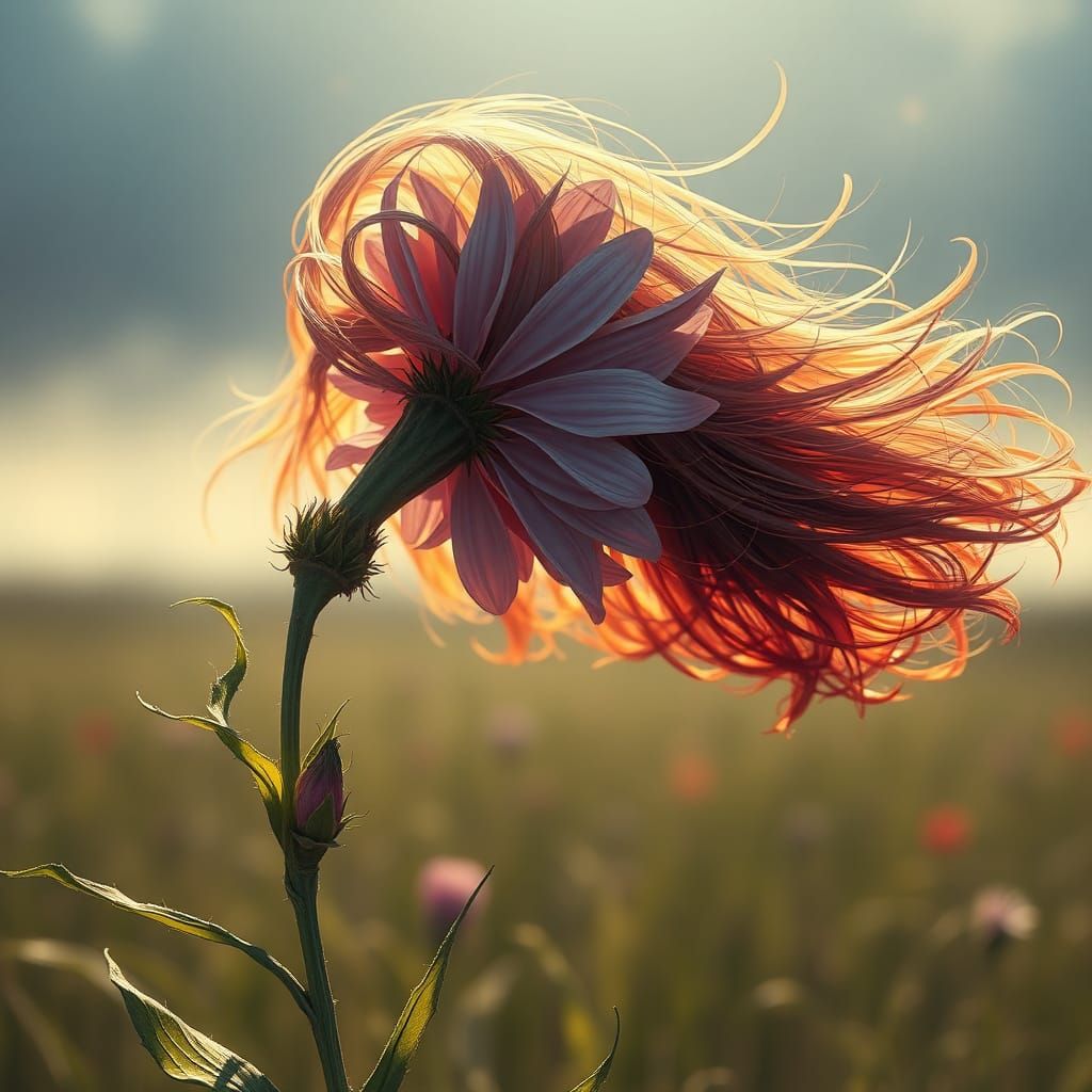 Cornflower Bending in Windy Field, Art Nouveau Style