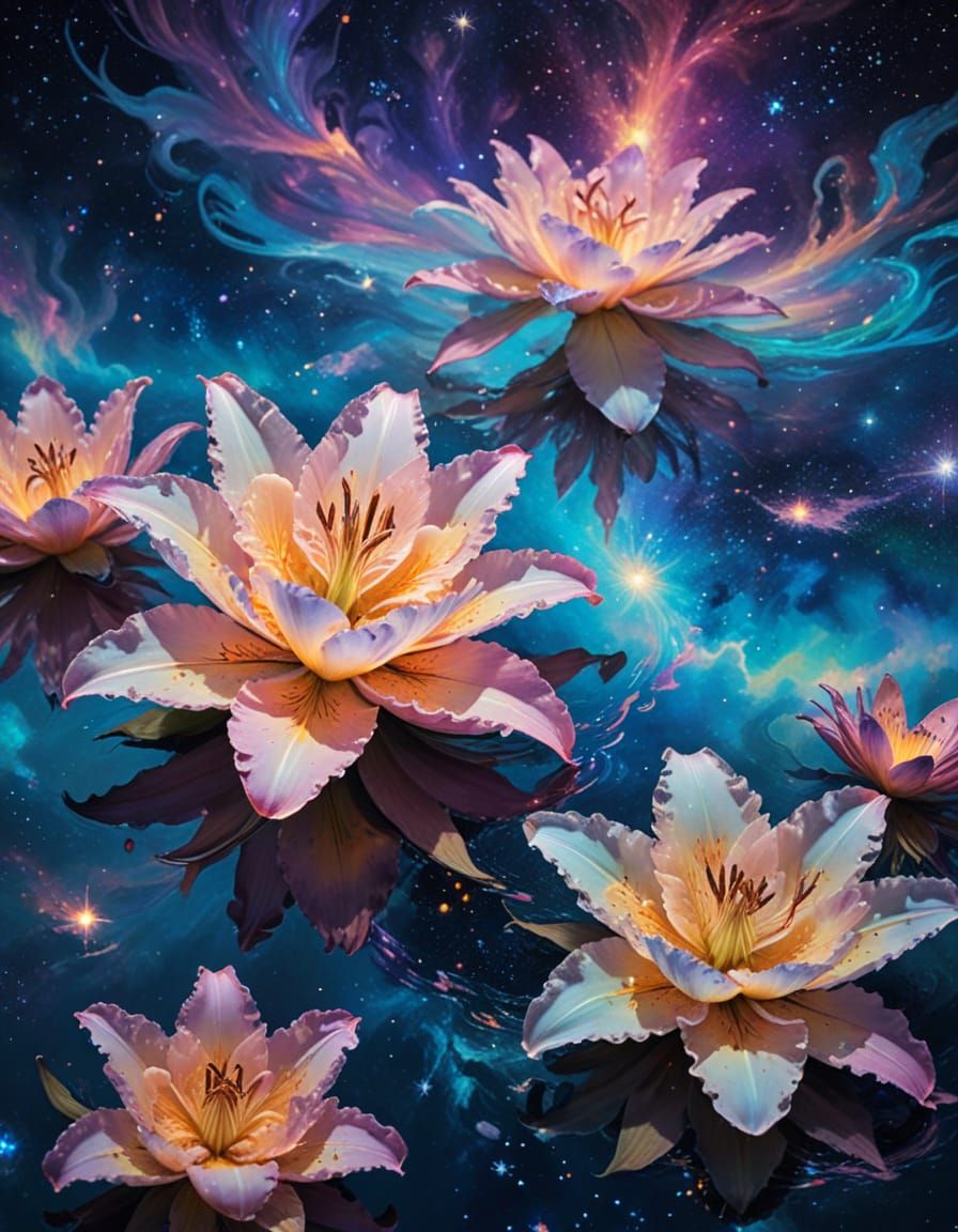 A lily, entirely made of water , cosmic animals, extraordinary creatures, endowed with human like intelligence, navigati...