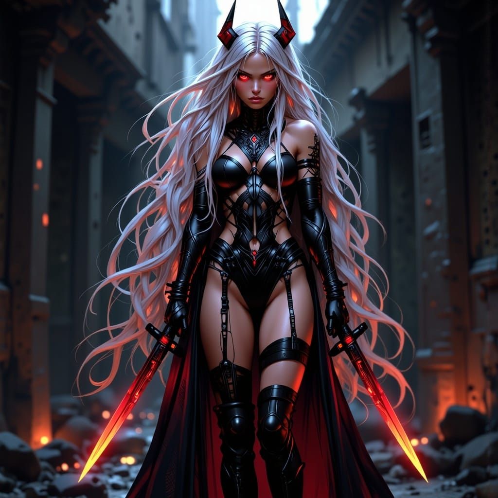 Anime Warrior in Shadowy Underworld with Red Accents