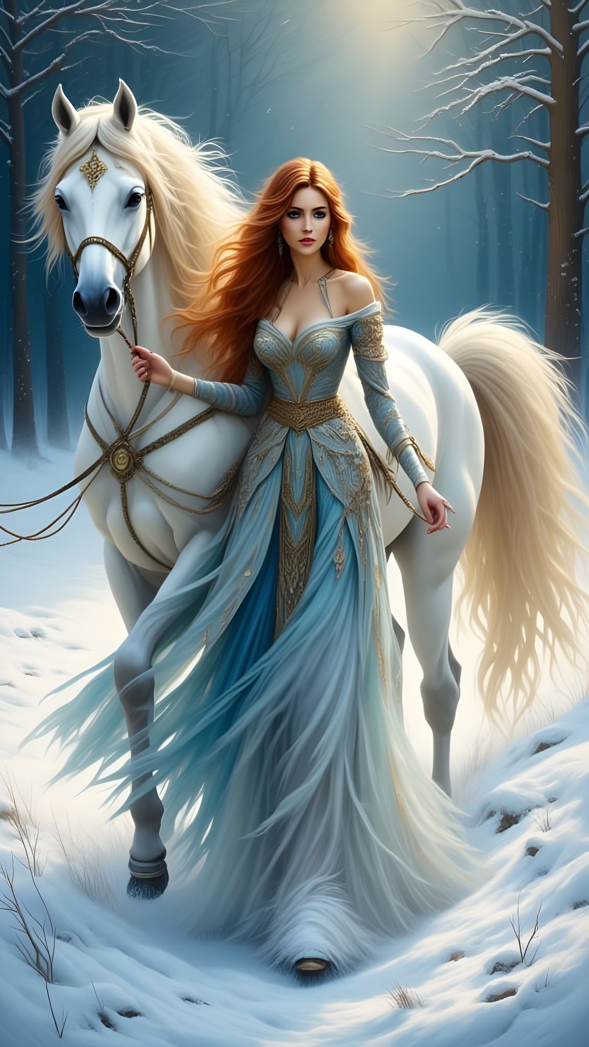 Winter Forest Woman and Horse in Ethereal Snow