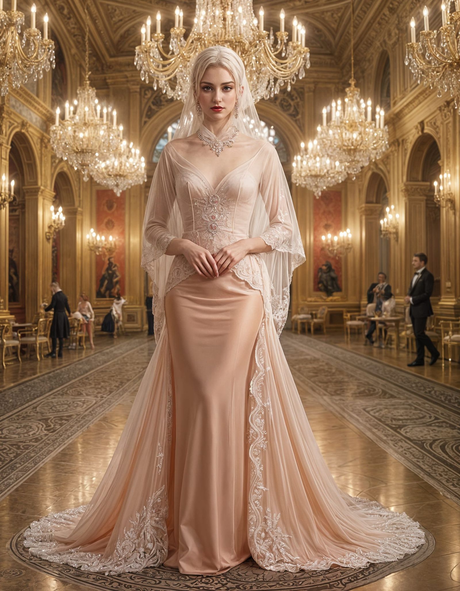 Elegant Red Gown Woman in Royal Ballroom