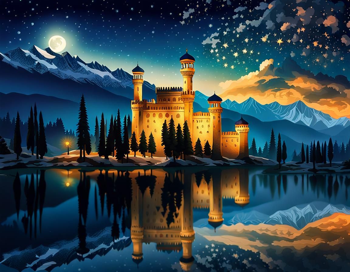 Epic Kashmir Castle Reflected in Starry Lake