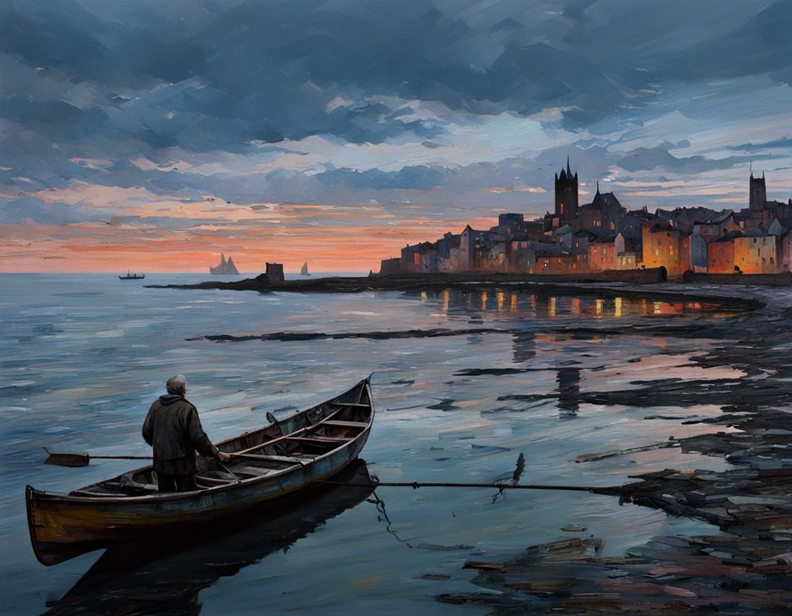 Fisherman Sets Sail Amidst a Medieval Island Town at Dawn