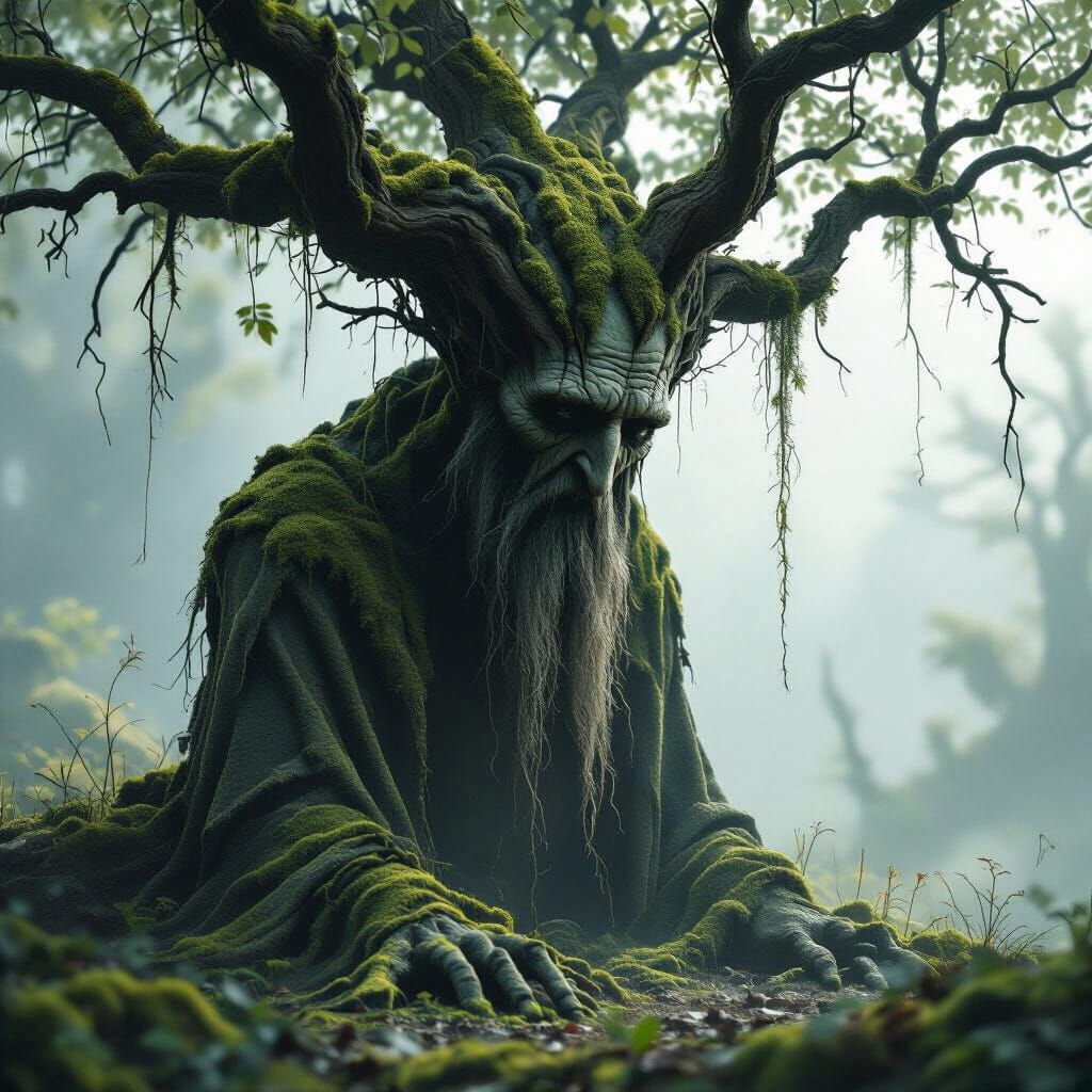 Sorrowful Tree in Misty Glade: Dark Fantasy Illustration