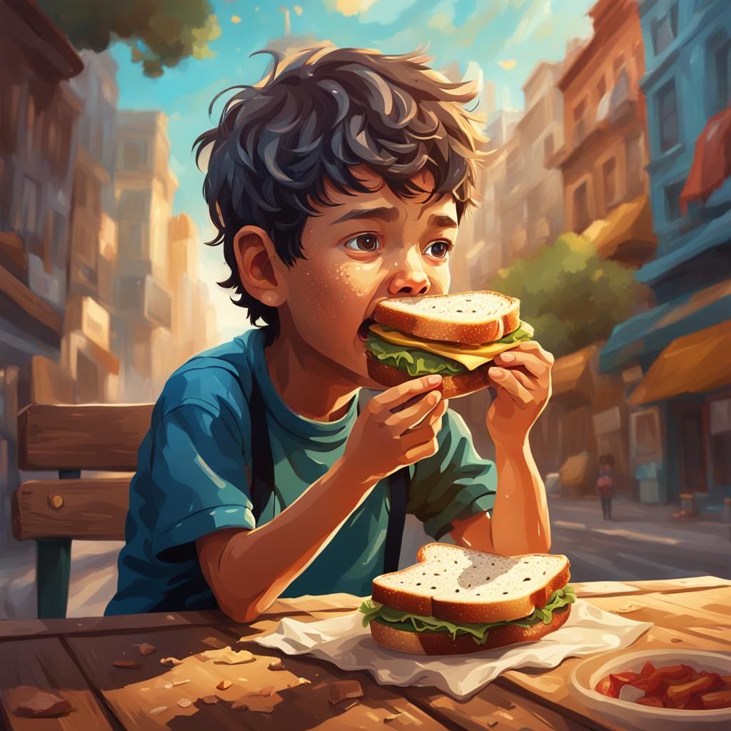 Cute Poor Boy Eating Sandwich in Hyperrealistic Style