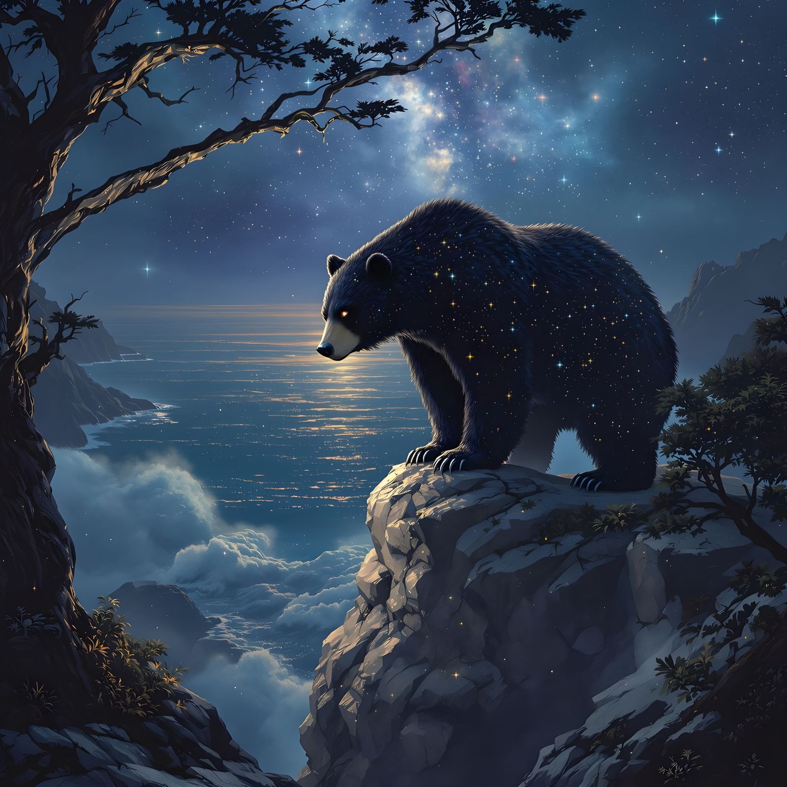 Cosmic Black Bear Overlooking Starlit Ocean