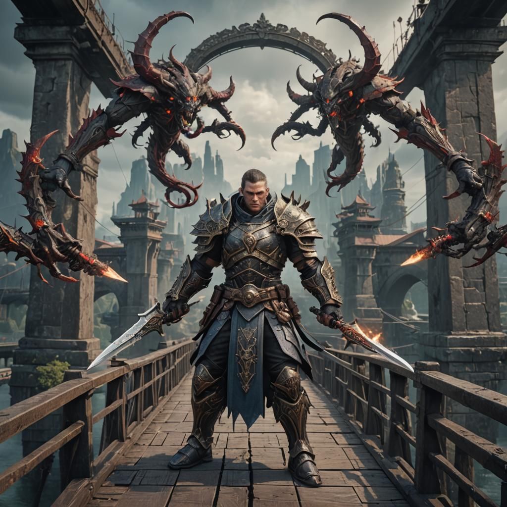Immortal Multi-Armed Warrior on Bridge in Detailed Art