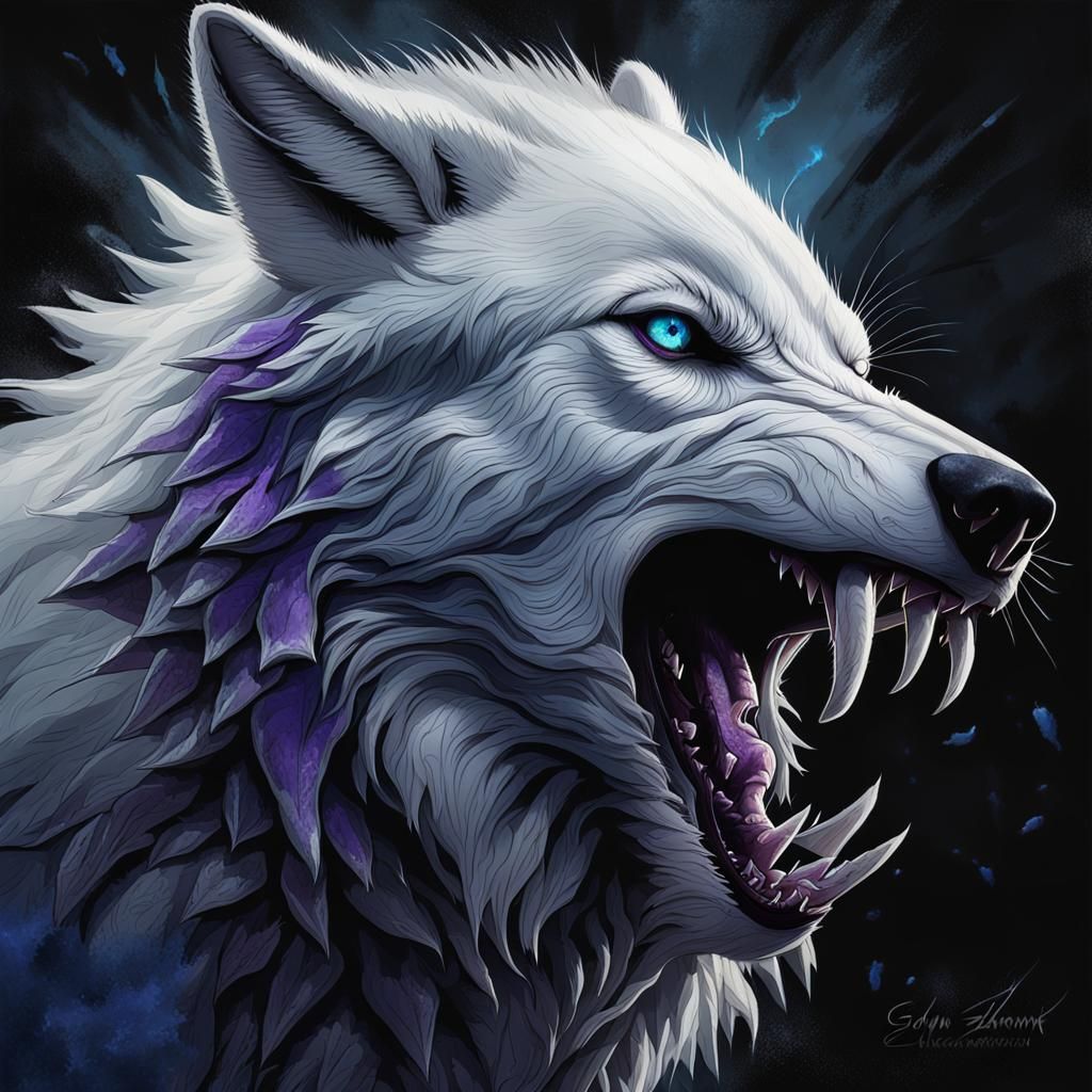 White Wolf Snarling in Gothic Dark Fantasy Art