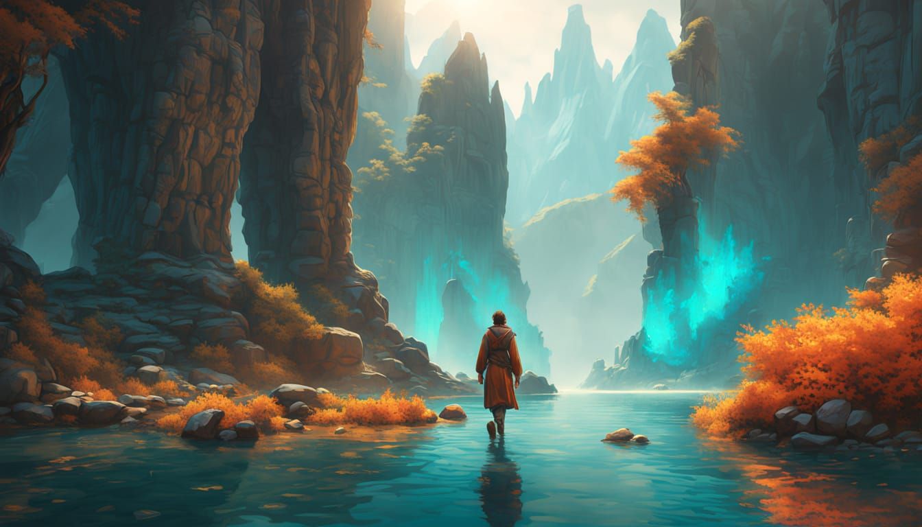 Shimmer Lake Oasis: Fantasy Art in Triadic Colors