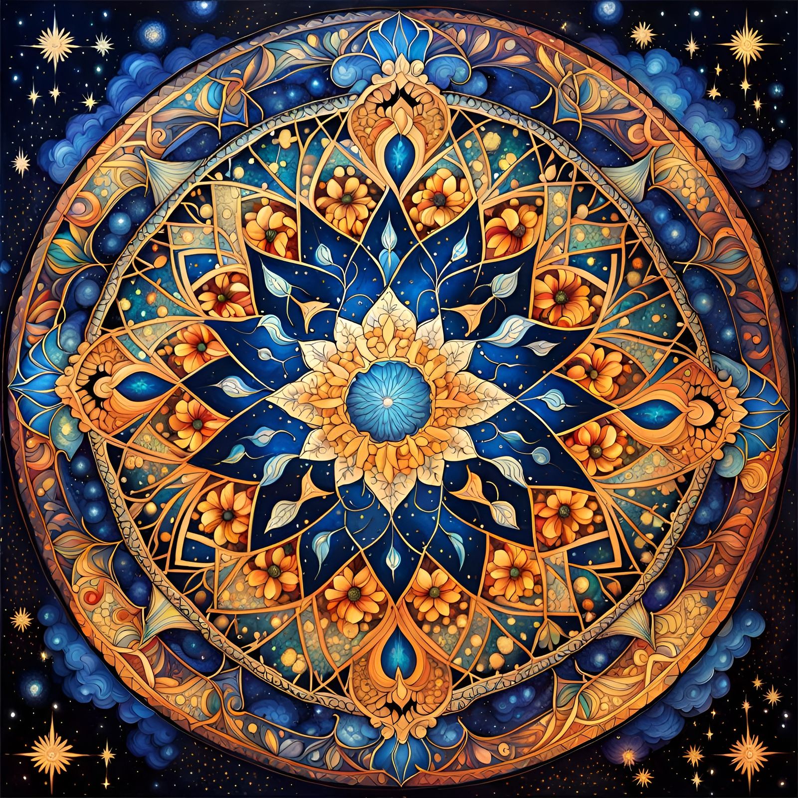 Starry Night Sky Mandala in Vibrant Poster Art Style