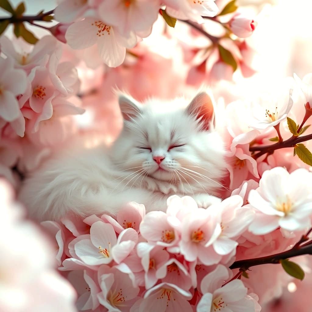 Whimsical Cherry Blossom Fantasy with Lying Cat in Soft Ligh...