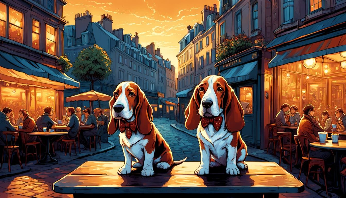 Whimsical Basset Hound in Parisian Cafe