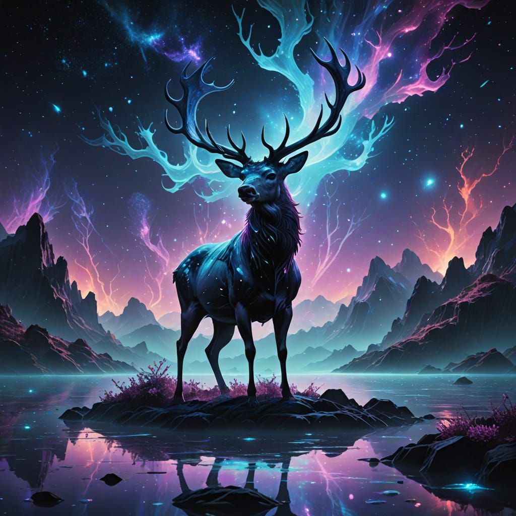 Majestic Stag With Cosmic Nebulae Antlers on Crystalline Isl...