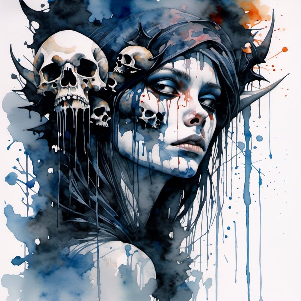 Demon Witch with Skulls in Hyperrealistic Watercolor