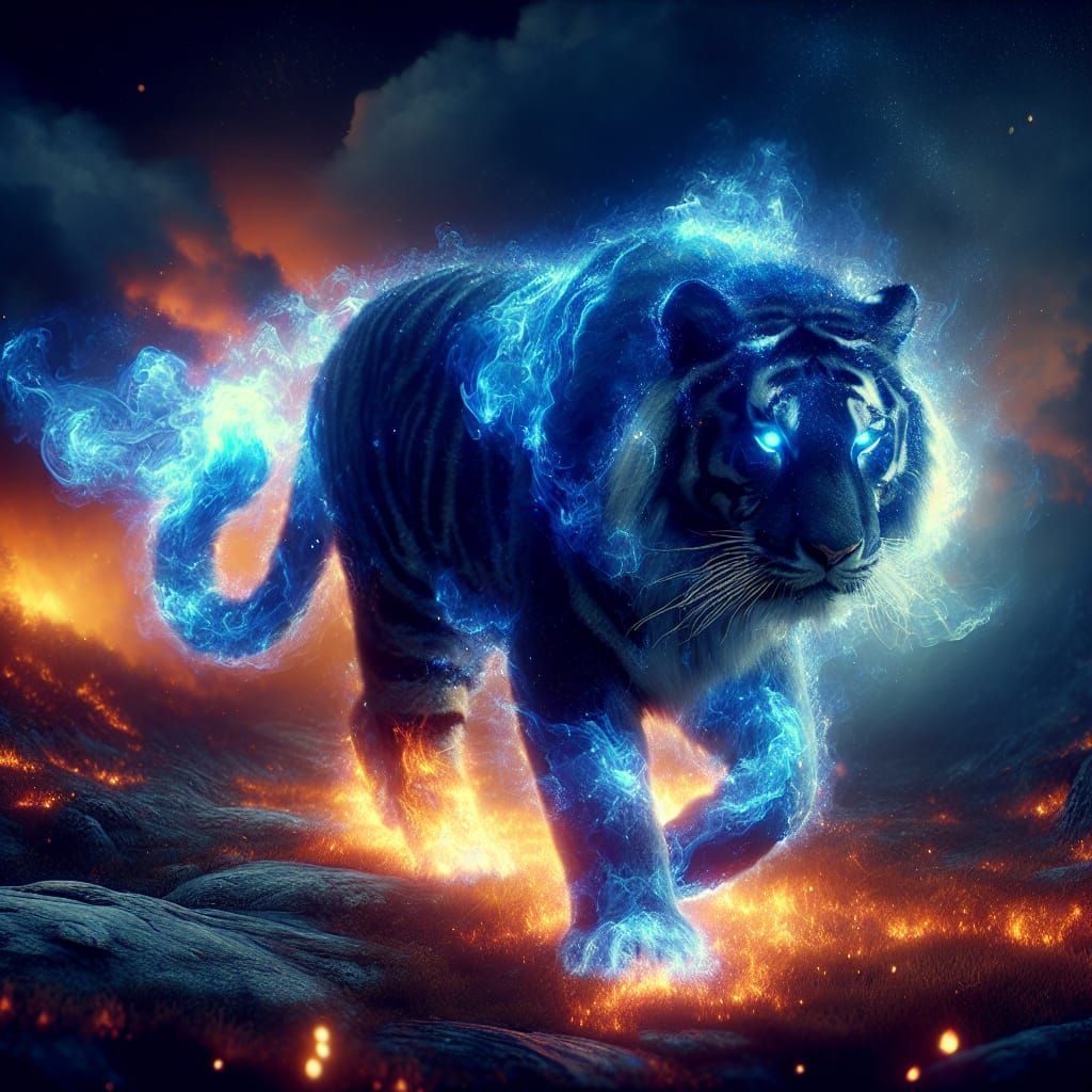 Mystical Dark Blue Tiger Illuminated by Radiant Flame